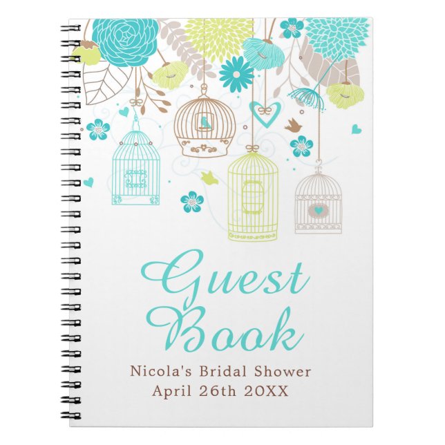 Elegant Floral Green and Blue Bridal Shower Notebook (Front)
