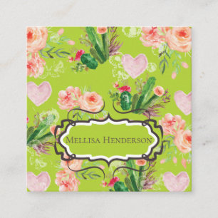 Elegant Floral Green Cactus Square Business Card