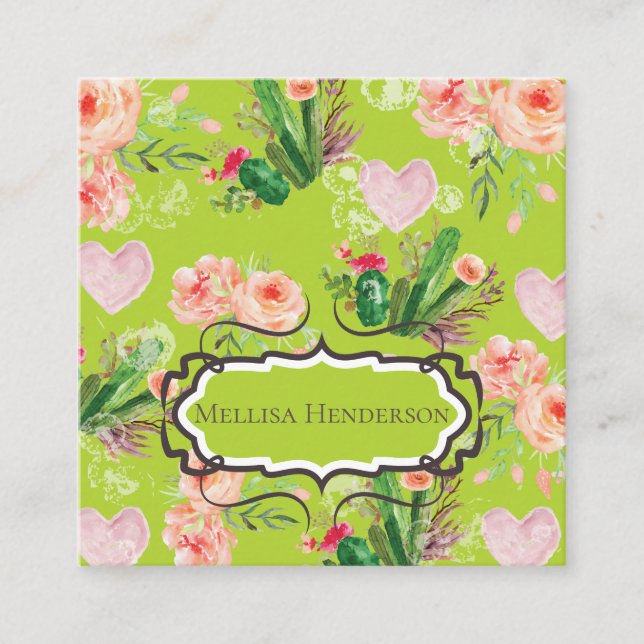 Elegant Floral Green Cactus Square Business Card (Front)