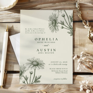 Elegant Floral Green Daisy Sketch Wedding Invitation