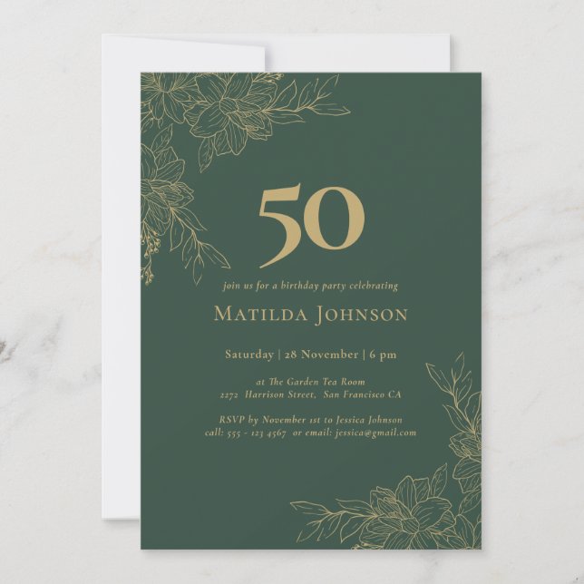 Elegant Floral Green Gold Floral 50th Birthday Invitation (Front)