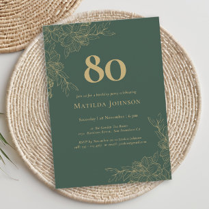 Elegant Floral Green Gold Floral 80th Birthday Invitation