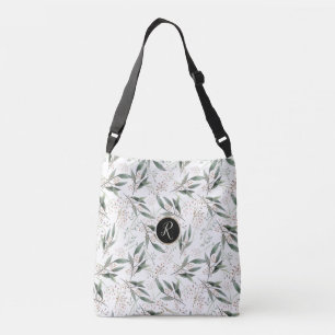 Elegant floral green leaf monogram pink flower crossbody bag