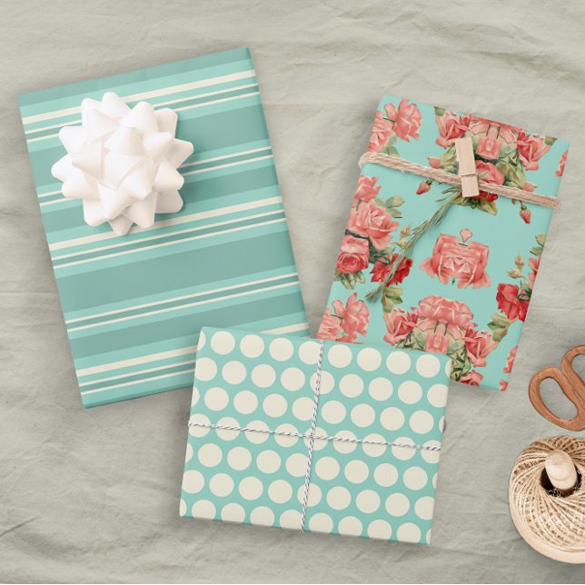 Elegant Floral Green Pretty Polka Dot Stripes Wrapping Paper Sheet (Creator Uploaded)