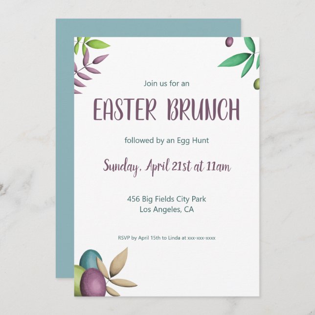 Elegant Floral Green Purple Easter Eggs Invitation (Front/Back)