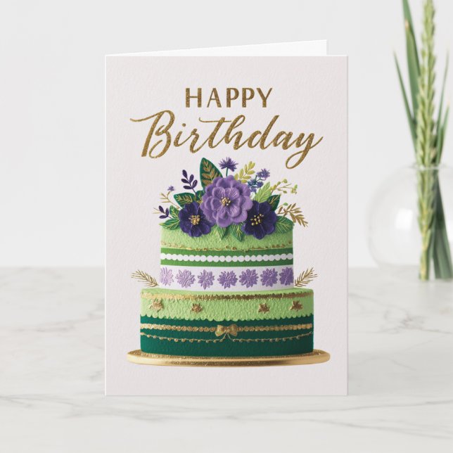 Elegant Floral Green Purple Gold Birthday Cake Card (Front)