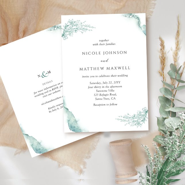 Elegant Floral, Green, Sage Watercolor Wedding Invitation (Creator Uploaded)