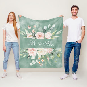 Elegant Floral Green Watercolor Mr. & Mrs. Wedding Fleece Blanket