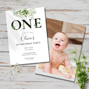 Elegant Floral Greenery 1st Birthday Photo Invitation