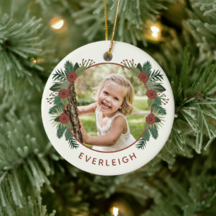 Elegant Floral Greenery Christmas 2 Photo Kids Ceramic Tree Decoration