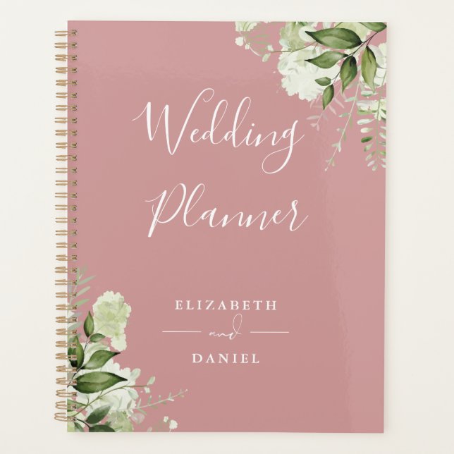 Elegant Floral Greenery Dusty Rose Wedding Planner (Front)