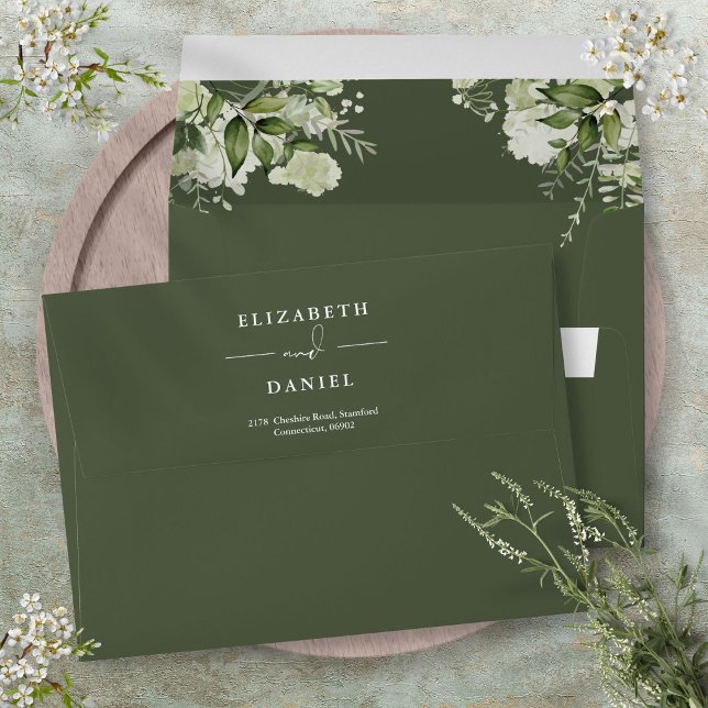 Elegant Floral Greenery Olive Green Return Address Envelope (Elegant Floral Greenery Olive Green Return Address Envelope)