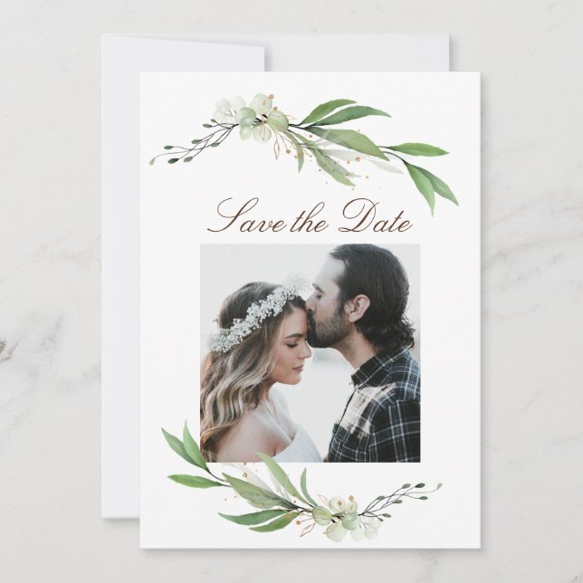Elegant Floral Greenery Photograph Wedding Save The Date (Front)