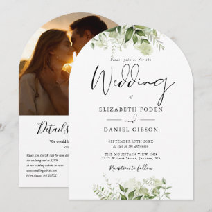 Elegant Floral Greenery QR Code Photo Arch Wedding Invitation