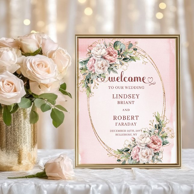 Elegant Floral Greenery Rose Gold Wedding Welcome Poster (Elegant Floral Greenery Rose Gold Wedding Welcome)