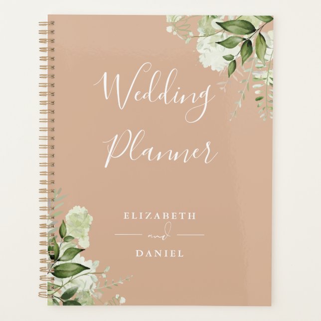 Elegant Floral Greenery Tan Wedding Planner (Front)