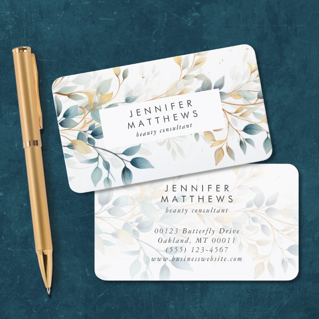 Elegant Floral Greenery Teal Gold Botanical Business Card (Creator Uploaded)