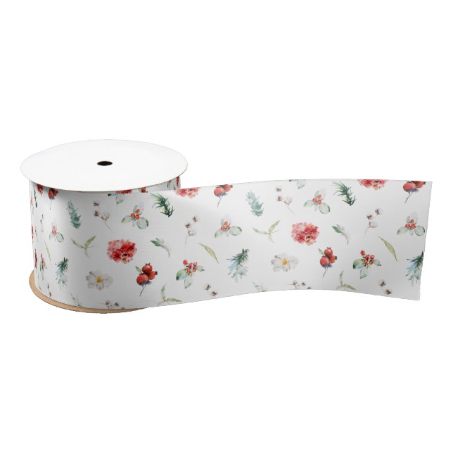 Elegant Floral Greenery Winter Pattern Satin Ribbon (Spool)