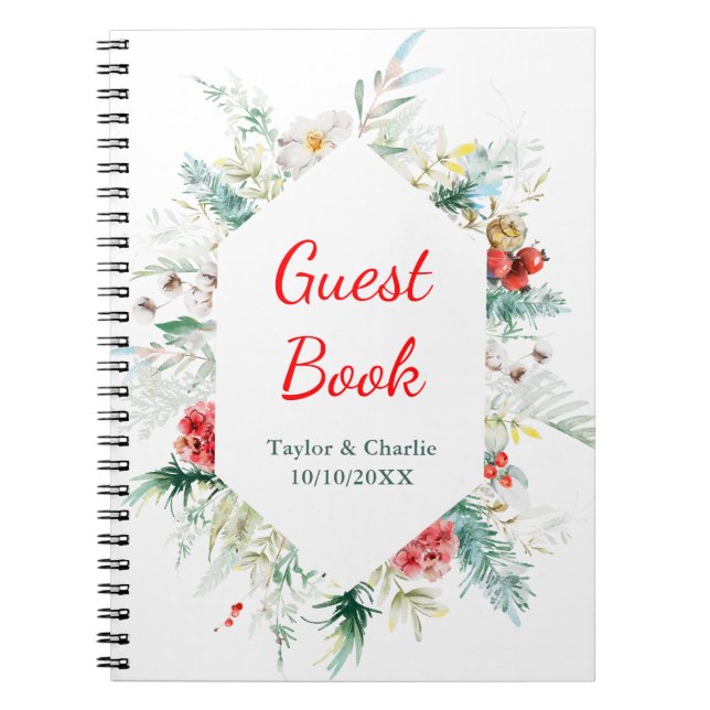 Elegant Floral Greenery Winter Wedding Guest Book (Front)