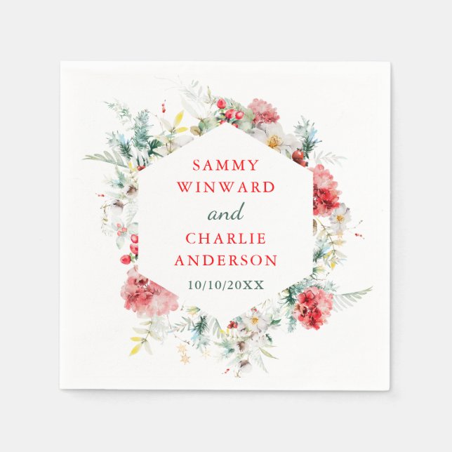 Elegant Floral Greenery Winter Wedding Napkin (Front)