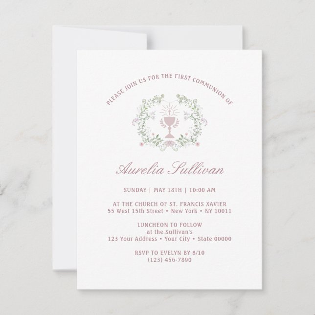 Elegant Floral Greenery Wreath First Communion Invitation (Front)