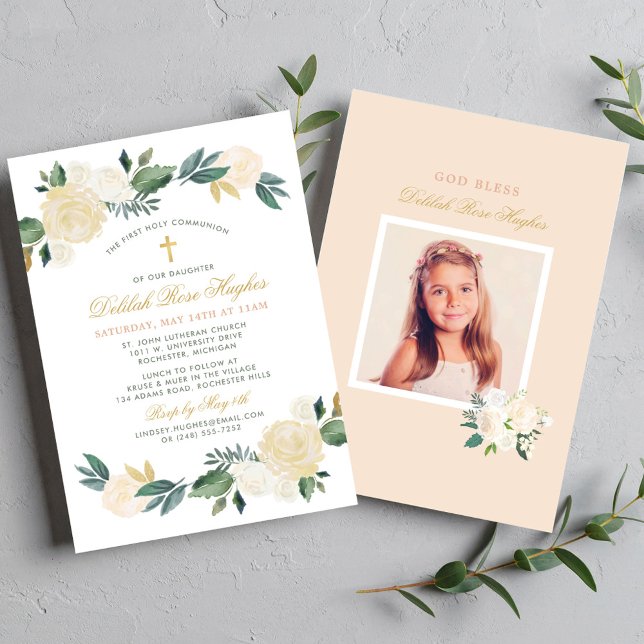 Elegant Floral Greenery Wreath First Communion Invitation (Creator Uploaded)