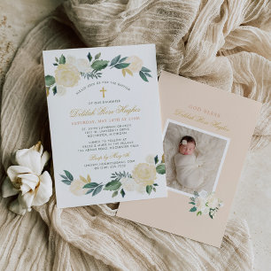 Elegant Floral Greenery Wreath Watercolor Baptism Invitation