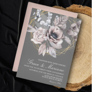 Elegant Floral Grey Pink Wedding Invitation