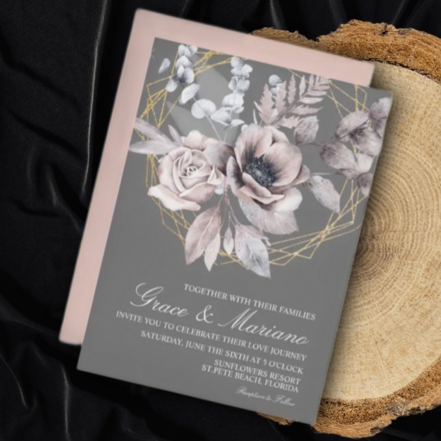 Elegant Floral Grey Pink Wedding Invitation (Creator Uploaded)