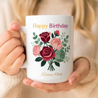 Elegant Floral Happy Birthday Personalized Name Coffee Mug