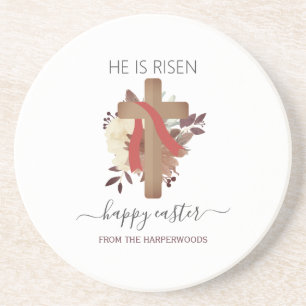 Elegant Floral Happy Easter Cross Christian Coaster