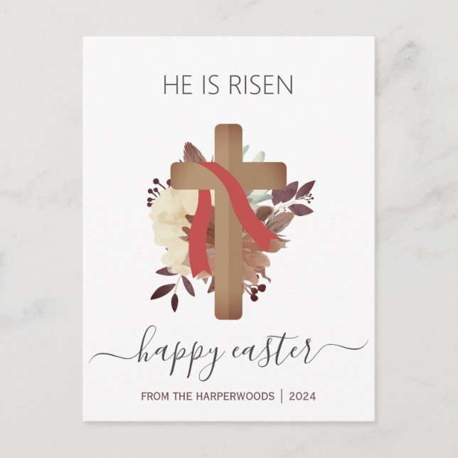 Elegant Floral Happy Easter Cross Christian Holiday Postcard (Front)