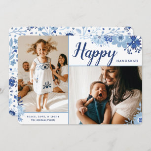Elegant Floral Happy Hanukkah 2 Photo Holiday Card
