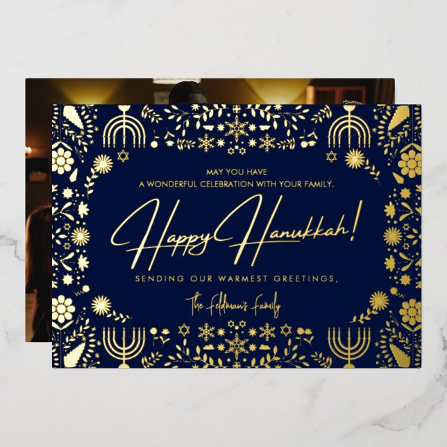 Elegant Floral Happy Hanukkah Family Photo (Front/Back)
