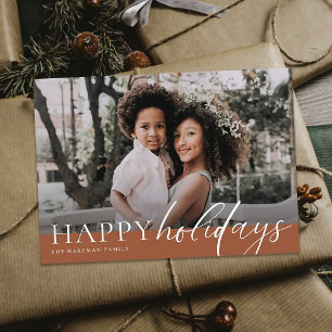 Elegant Floral Happy Holidays Terracotta Photo    Holiday Card