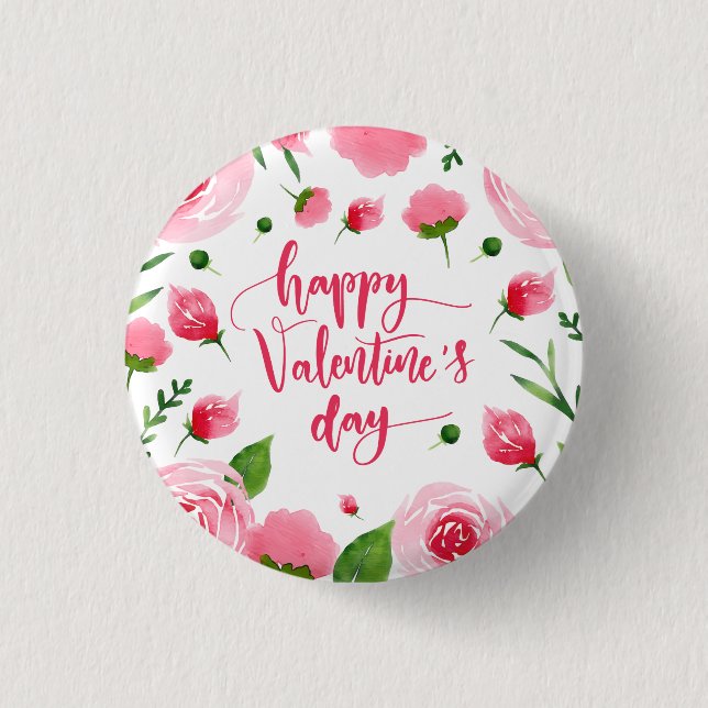 Elegant Floral Happy Valentine's Day Pin Button (Front)