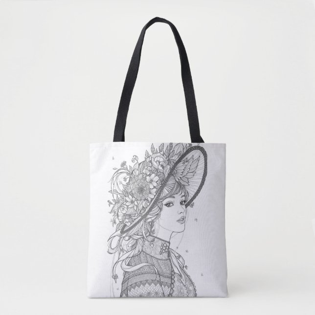 Elegant Floral Hat Lady Ink Sketch Tote Bag (Front)