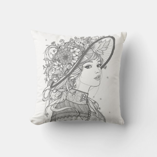 Elegant Floral Hat Lady Portrait Throw Pillow (Front)