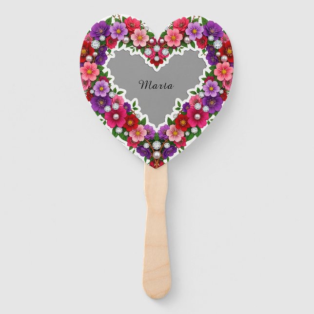 Elegant Floral Heart Design Hand Fan (Front)
