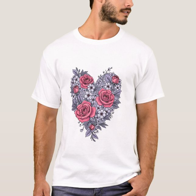 Elegant Floral Heart Pattern: Romantic Design for  T-Shirt (Front)