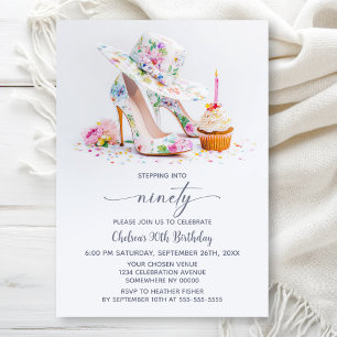 Elegant Floral High Heel Shoes 90th Birthday Party Invitation
