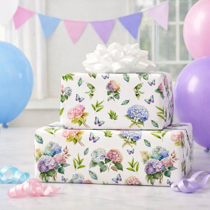 Elegant Floral Hydrangea Butterfly Gift Wrapping Paper