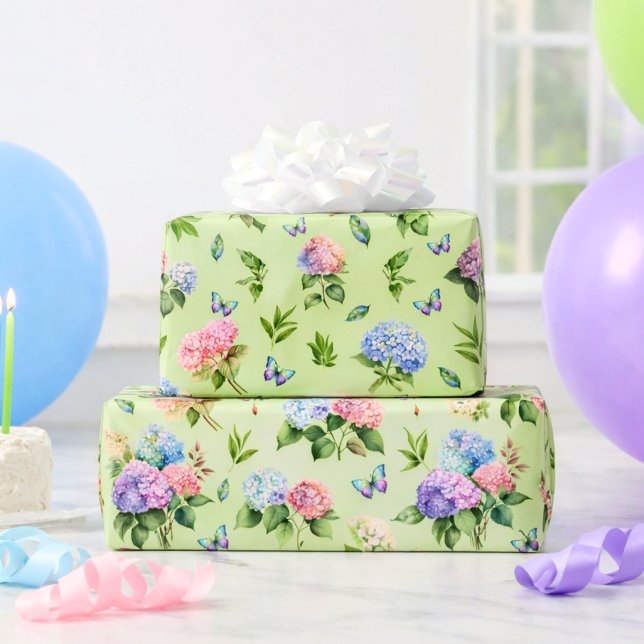 Elegant Floral Hydrangea Butterfly Green Gift Wrapping Paper (Creator Uploaded)