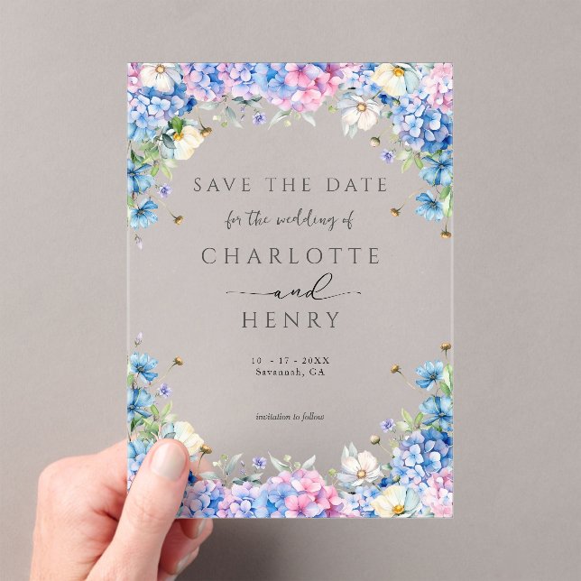 Elegant Floral Hydrangea Modern Save The Date Acrylic Invitations (Insitu (Handheld))