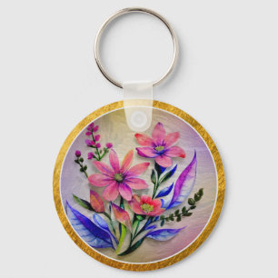 Elegant Floral I Watercolor Pink and Purple Flower Key Ring