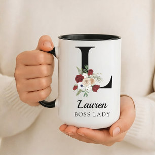 Elegant Floral Initial Custom Mug Gift for Boss