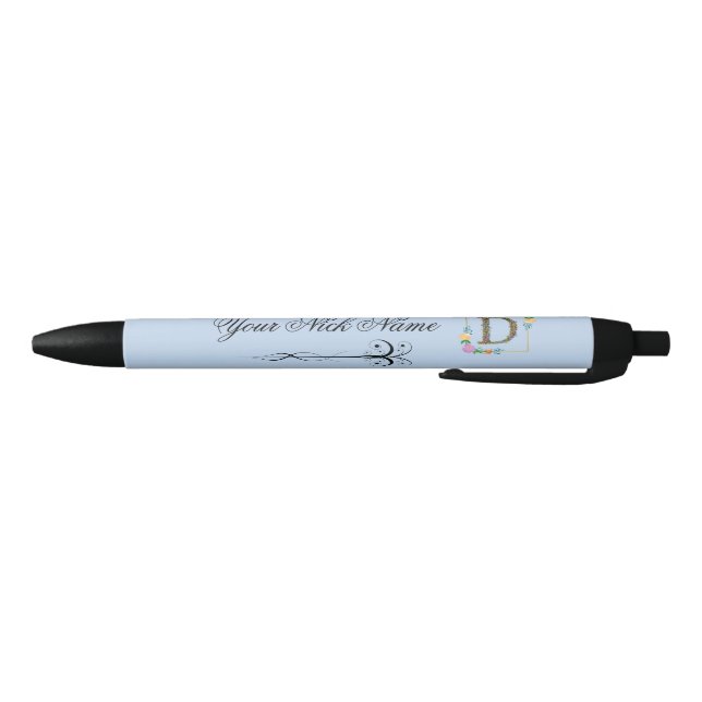 Elegant Floral Initial D Black Ink Pen (Bottom)