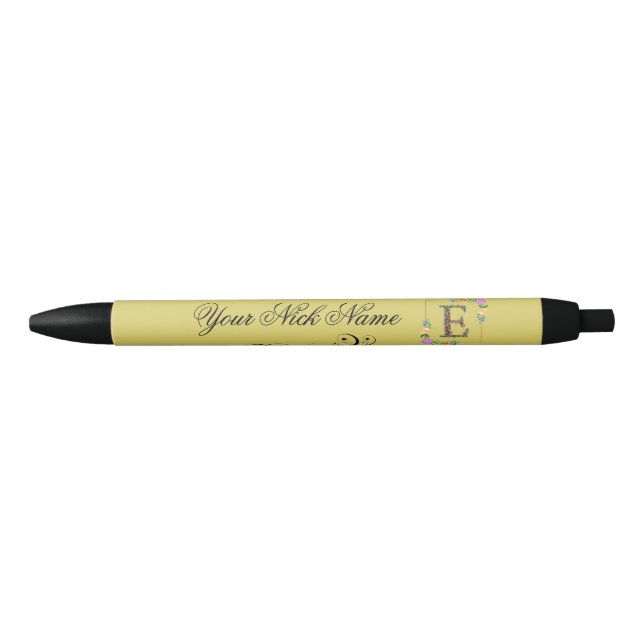 Elegant Floral Initial E Black Ink Pen (Front)