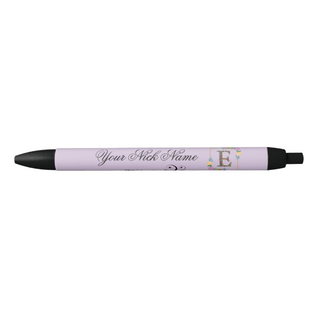Elegant Floral Initial E Black Ink Pen (Front)