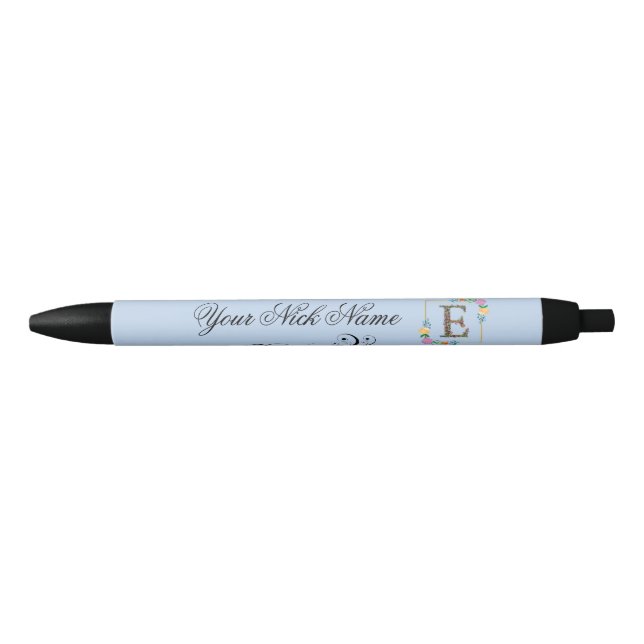 Elegant Floral Initial E Black Ink Pen (Front)